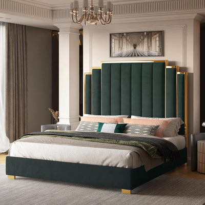 Albott King Size Platform Bed Frame, 65" Velvet Upholstered Bed with Gold Trim Headboard/Wooden Slats/No Box Spring Needed/Green