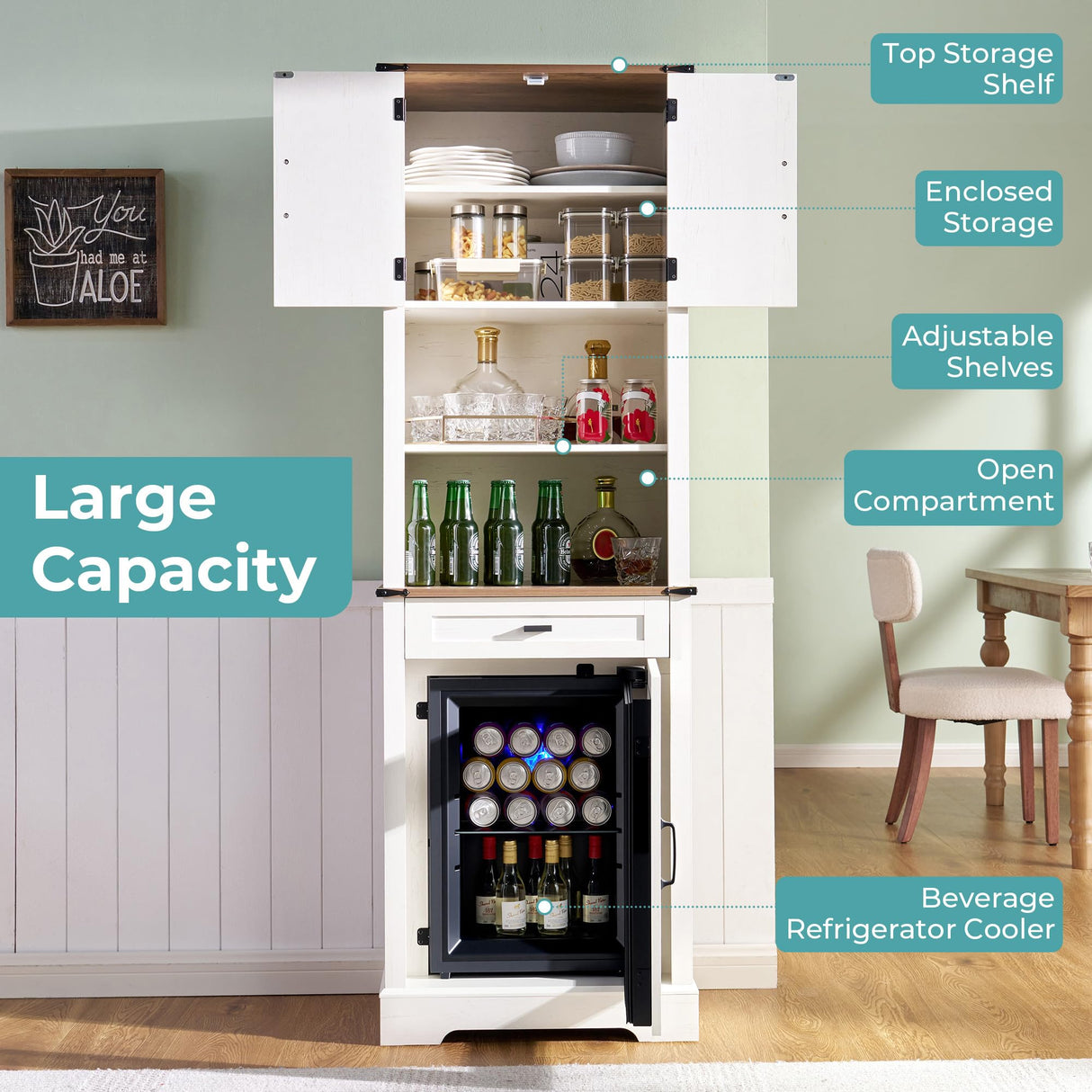 LUXOAK Bar Cabinet with Fridge (Included), 69" Farmhouse Wine Cabinet with Storage Drawers & Adjustable Shelves, Coffee Bar Cabinet for Home bar, Dining Room, Living Room LUXOAK