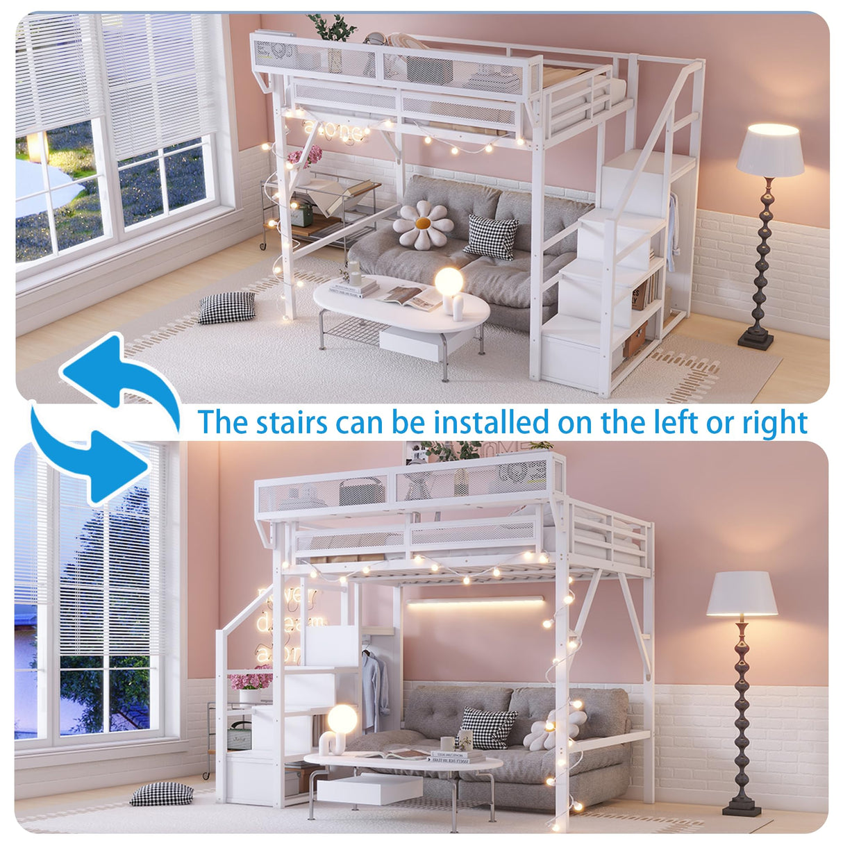 MoproBeti Queen Loft Bed with Stairs, Metal Loft Beds Queen Size Adults with Storage Shelves and Wardrobe, Heavy Duty High LoftBed for Teens, No Box Spring Needed, No Noise,White MoproBeti