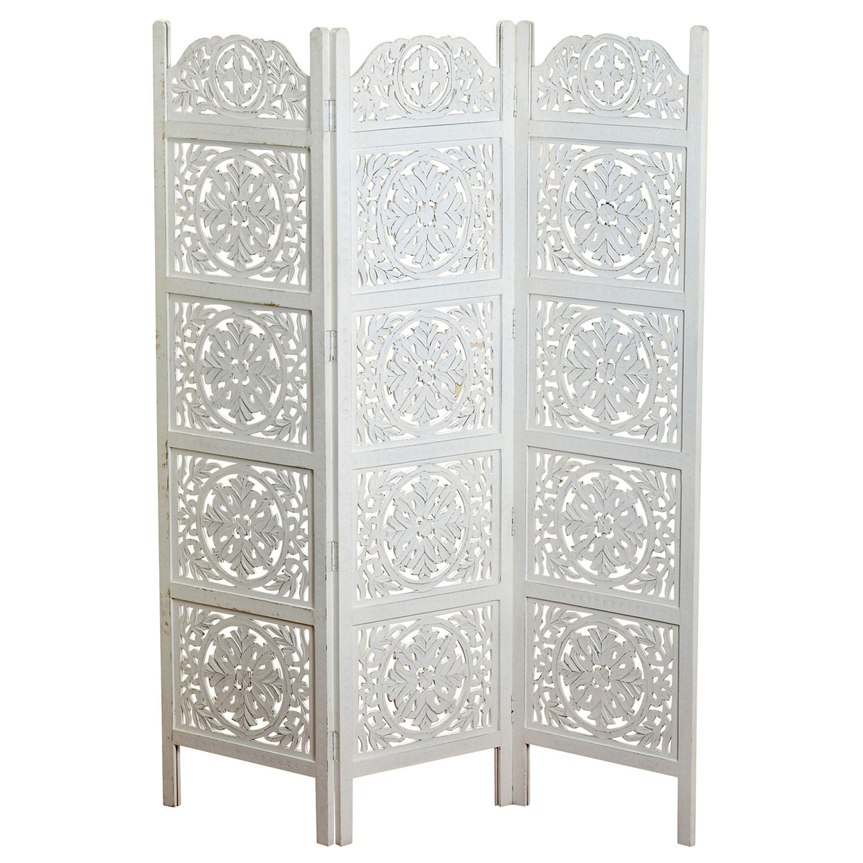 Heritage Home Screen Farmhouse Room Divider, Vintage Style Magnolia Medallions, Handcrafted of Sustainable Mango Wood, Rustic White, Distressed Finish, 6 Ft Tall (72 x 59 inches) by WHW WHW Whole House Worlds