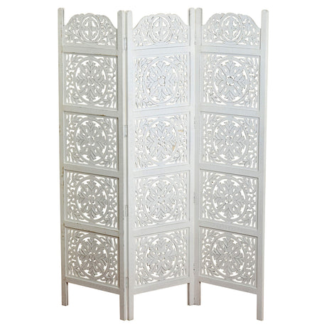 Heritage Home Screen Farmhouse Room Divider, Vintage Style Magnolia Medallions, Handcrafted of Sustainable Mango Wood, Rustic White, Distressed Finish, 6 Ft Tall (72 x 59 inches) by WHW WHW Whole House Worlds