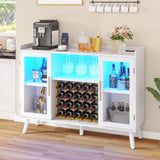 DWVO Wine Bar Cabinet with Led Lights & Power Outlets, 53" Coffee Bar Cabinet for Liquor and Glasses, Modern Buffet Sideboard with Storage Cabinet for Kitchen, Dining & Living Room, White DWVO