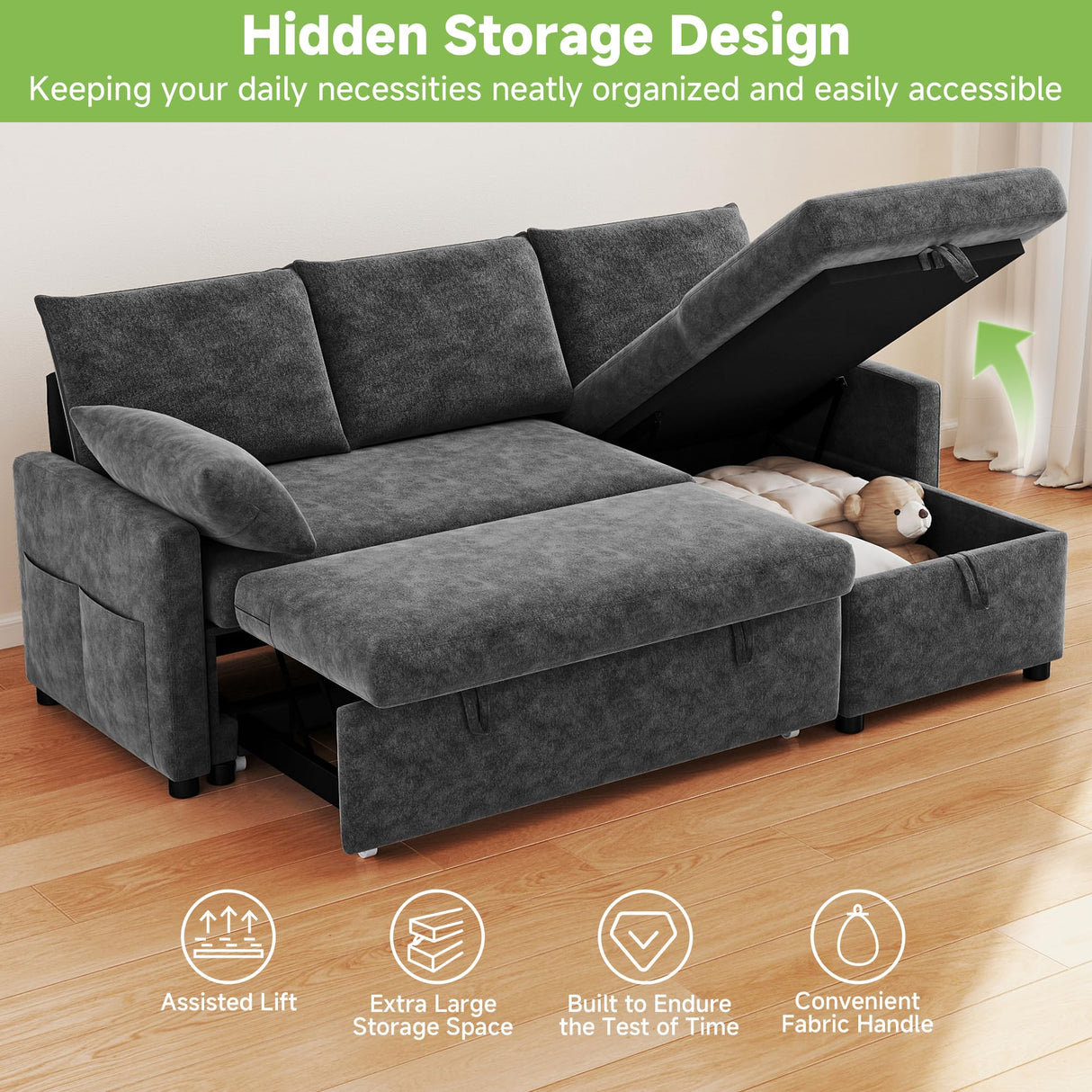 Real Relax 80'' Sofa Bed, L Shaped Chenille Sleeper Sofa Couch with Pull Out Bed and Chaise Storage for Living Room, Apartment and Office, Dark Gray Real Relax