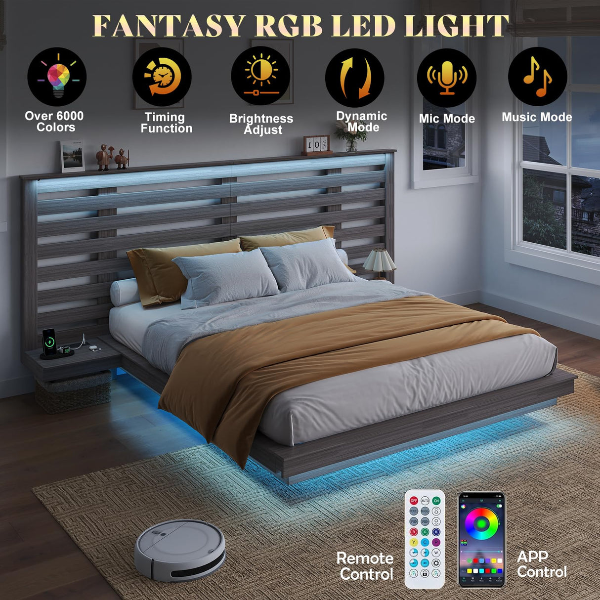 AMERLIFE Taupe Farmhouse Floating Bed Frame with LED Lights, Extended Grille Headboard & Integrated Nightstands AMERLIFE