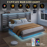 AMERLIFE Taupe Farmhouse Floating Bed Frame with LED Lights, Extended Grille Headboard & Integrated Nightstands AMERLIFE