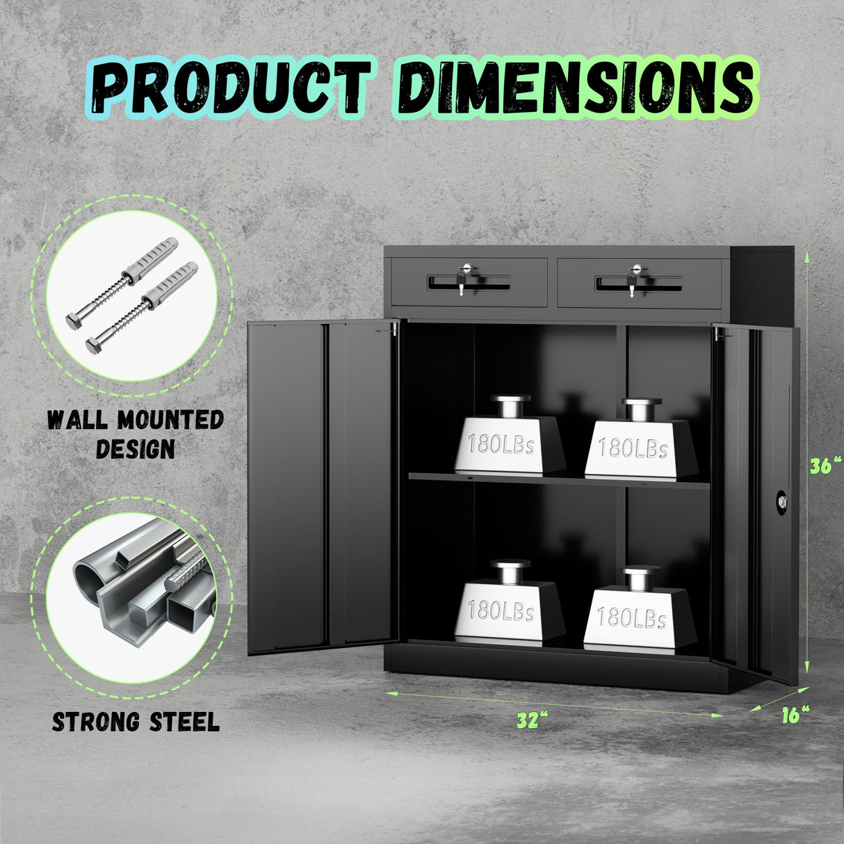 INTERGREAT Metal Storage Cabinet with Drawers, 36" Black Locking Steel Garage Cabinet with 2 Doors and Adjustable Shelves, Lockable File Cabinets for Garage, School, Home Office, Classroom INTERGREAT