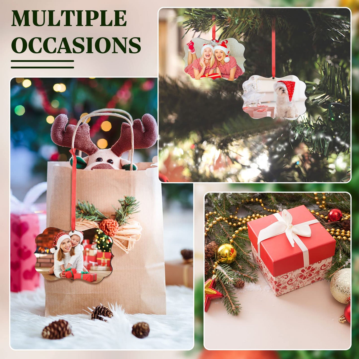 80 Pcs 4.3" x 2.8" Christmas Sublimation Ornament Blanks Double Sided Blank Heat Transfer Pendant Sublimation Christmas Ornaments MDF Board Personalized Sublimation Hanging Ornaments with Rope for DIY