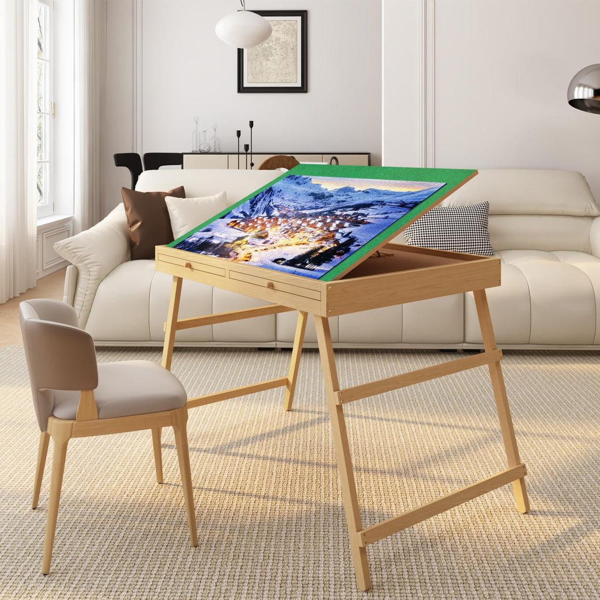 UPVERCY 3-in-1 Folding & Tilting & High 1500 Pieces Puzzle Table with Drawers, 27.7" H Tall Puzzle Board with Protective Cover for Adults- 34.1" x 26" Wooden Puzzle Table with Legs upvercy