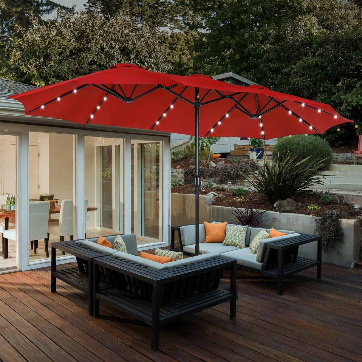 HERA'S PALACE 15 ft Patio Umbrella with 36 LED Solar Lights, Double Sided Outdoor Umbrella for Patio, Table Umbrella Outdoor Patio with Base for Garden Pool HERA'S PALACE