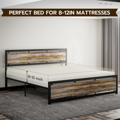 IKIFLY California King Size Industrial Metal Bed Frame with Wooden Headboard and Footboard - WoodArtSupply