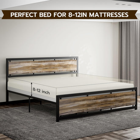 IKIFLY California King Size Industrial Metal Bed Frame with Wooden Headboard and Footboard IKIFLY