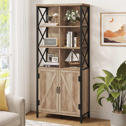 Rustic Oak FATORRI Tall Bookcase with Doors and 6 Cube Organiser for Living Room - WoodArtSupply