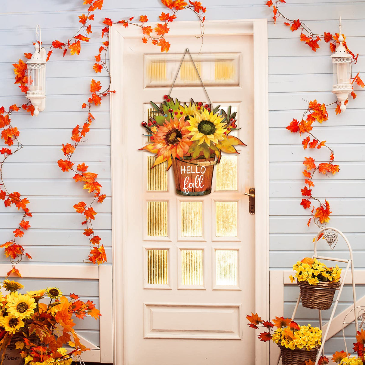 Hello Fall Sign Hello Fall Door Sign Wooden Farmhouse Home Sign with Fall Sunflower for Porch Farmhouse Thanksgiving Autumn Front Door Outdoor Home Decor Bucherry