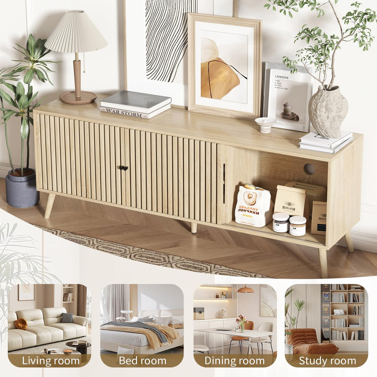 Fiogmub TV Stand for 55/65/70 Inch TV,Bamboo Entertainment Center with Natural Rattan Door, Large Long Boho Media TV Console with Open Shelves Living Room Bedroom Fiogmub