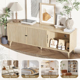 Fiogmub TV Stand for 55/65/70 Inch TV,Bamboo Entertainment Center with Natural Rattan Door, Large Long Boho Media TV Console with Open Shelves Living Room Bedroom Fiogmub