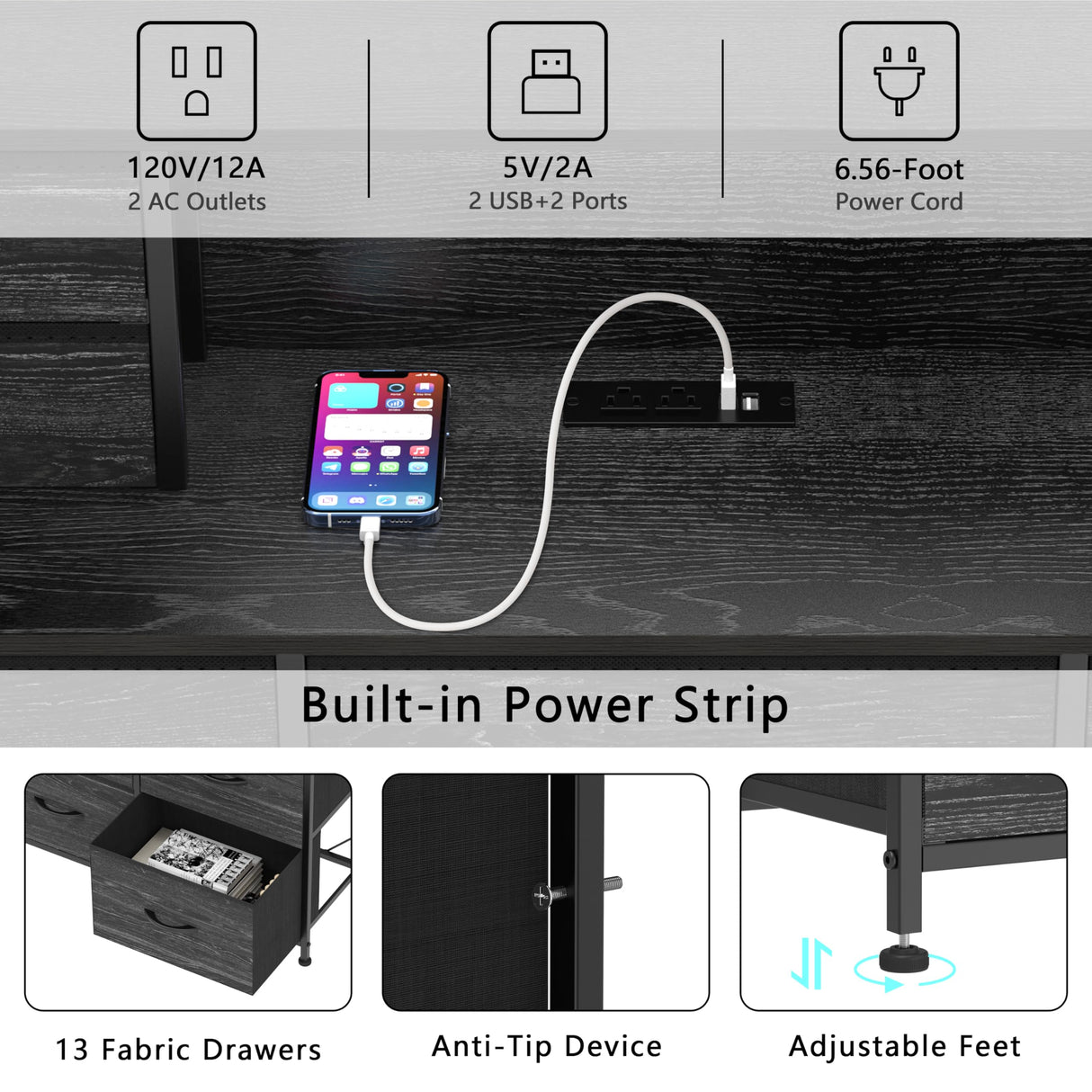 Welfuturer Black Dresser with Charging Station and LED Lights 13 Drawers Dressers for Bedroom Long Dressers & Chests of Drawers for Living Room Hallway Entryway Closets Sturdy Frame Wood Top Welfuturer