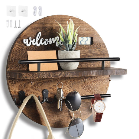 LEIRUOTM Key Holder for Wall, Key and Mail Holder Organizer with - Key Holder Wall Mount - Round Wooden Rustic Home Decor for Entryway, Mudroom, Hallway, Kitchen Office (Brown) LEIRUOTM