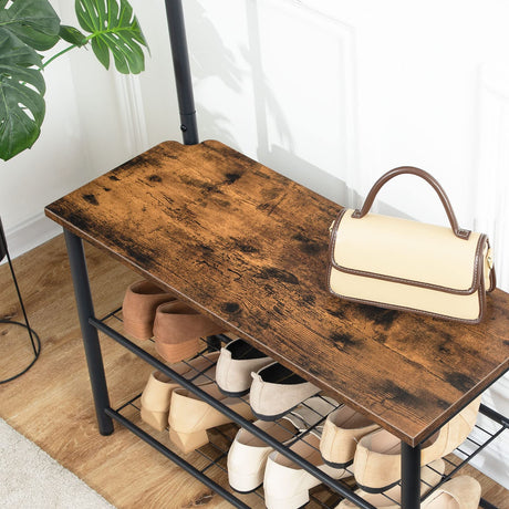 HOOBRO Coat Rack Shoe Bench, 3-Tier Shoe Rack, Industrial Shoe Organizer Storage Bench, Entry Bench with Mesh Shelves, for Entryway, Living Room, Hallway, Easy Assembly, Rustic Brown BF12HX01 HOOBRO