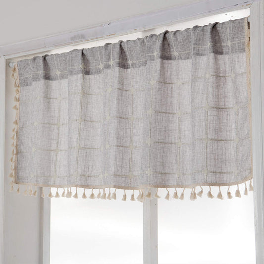 YoKii Boho Tassel Valances for Windows Modern Farmhouse Cotton Linen Valance Kitchen Curtains Topper Country Gingham Window Treatments Tier Curtain for Bathroom Bedroom Decors (W52 x L18, Gray)