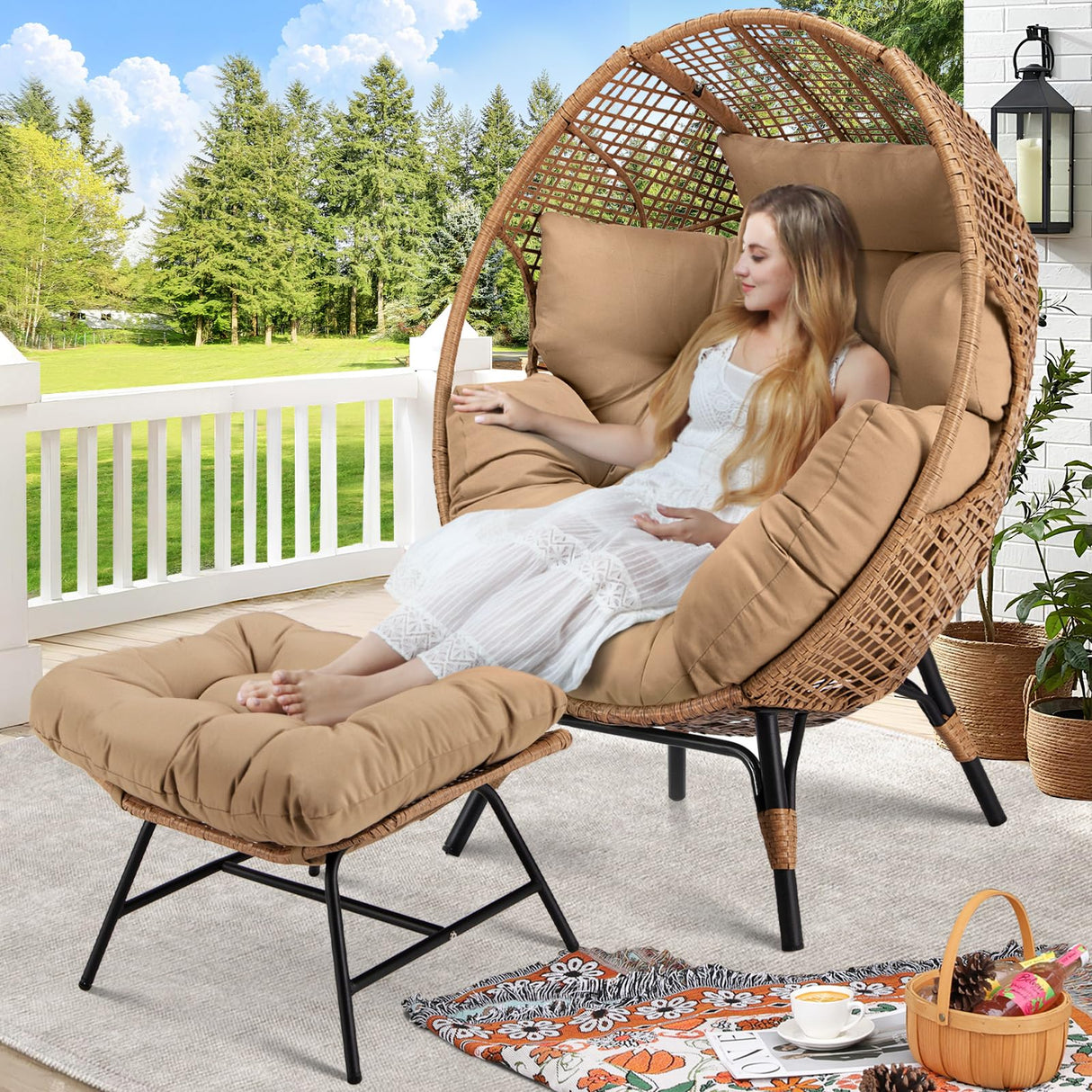 RADIATA Egg Chair with Footrest, Wicker Patio Lounger with Ottoman, Oversized Rattan Egg Shaped Chair with Leg for Indoor Outdoor Patio Balcony Garden (Nature) RADIATA