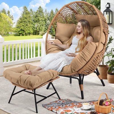RADIATA Egg Chair with Footrest, Wicker Patio Lounger with Ottoman, Oversized Rattan Egg Shaped Chair with Leg for Indoor Outdoor Patio Balcony Garden (Nature)