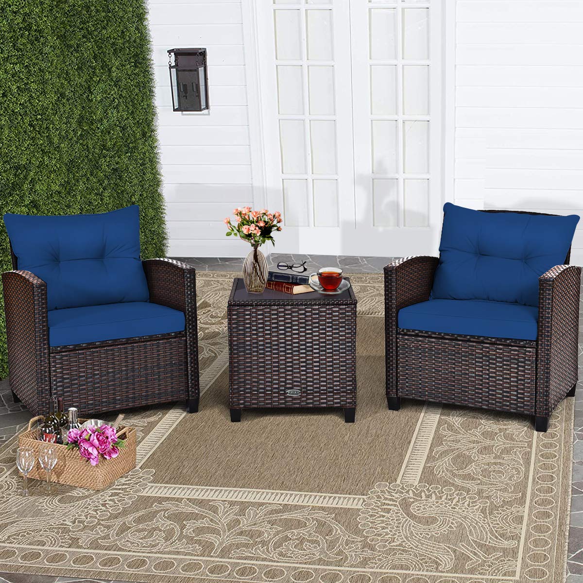 COSTWAY 3PCS Patio Furniture Set, PE Rattan Wicker Sofa w/Washable Cushion and Coffee Table, Tempered Glass Tabletop, Outdoor Conversation Set for Balcony, Porch, Yard, Backyard, Lawn, Navy Blue COSTWAY