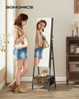 SONGMICS LED Cabinet Standing, Lockable Jewelry Armoire with Full-Length Mirror, Space-Saving Jewelry Organizer with Mirror, Bottom Drawer and Shelf, Gift Idea, Rustic Brown UJJC025X01 SONGMICS