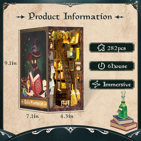 Fsolis Book Nook Kit, DIY Miniature House Kit Wooden Puzzle Halloween Booknook for Adult Decorative Bookend Bookshelf Alley Decor for Women Teens(Magic Pharmacist) Fsolis