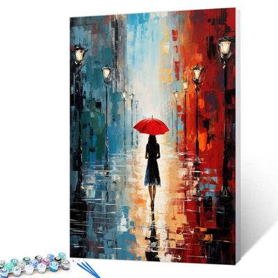 Fashion Girl Under Red Umbrella Paint by Numbers Kits with Brushes and Acrylic Pigment Graffitic Oil Painting for Adults, Lively Street Arts Crafts Project Home Decor Gifts 16''x20''( Framedless)