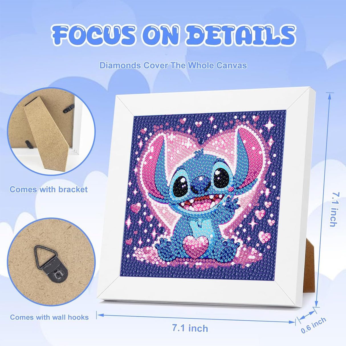 Gearock Diamond Art Kits with Wooden Frame, Easy DIY Small 5D Diamond Painting Kits, Heart Cute Big Gem Kits for Adults Beginners Cartoon Lovers Halloween Christmas Birthday Gifts, 7x7 Inch Gearock