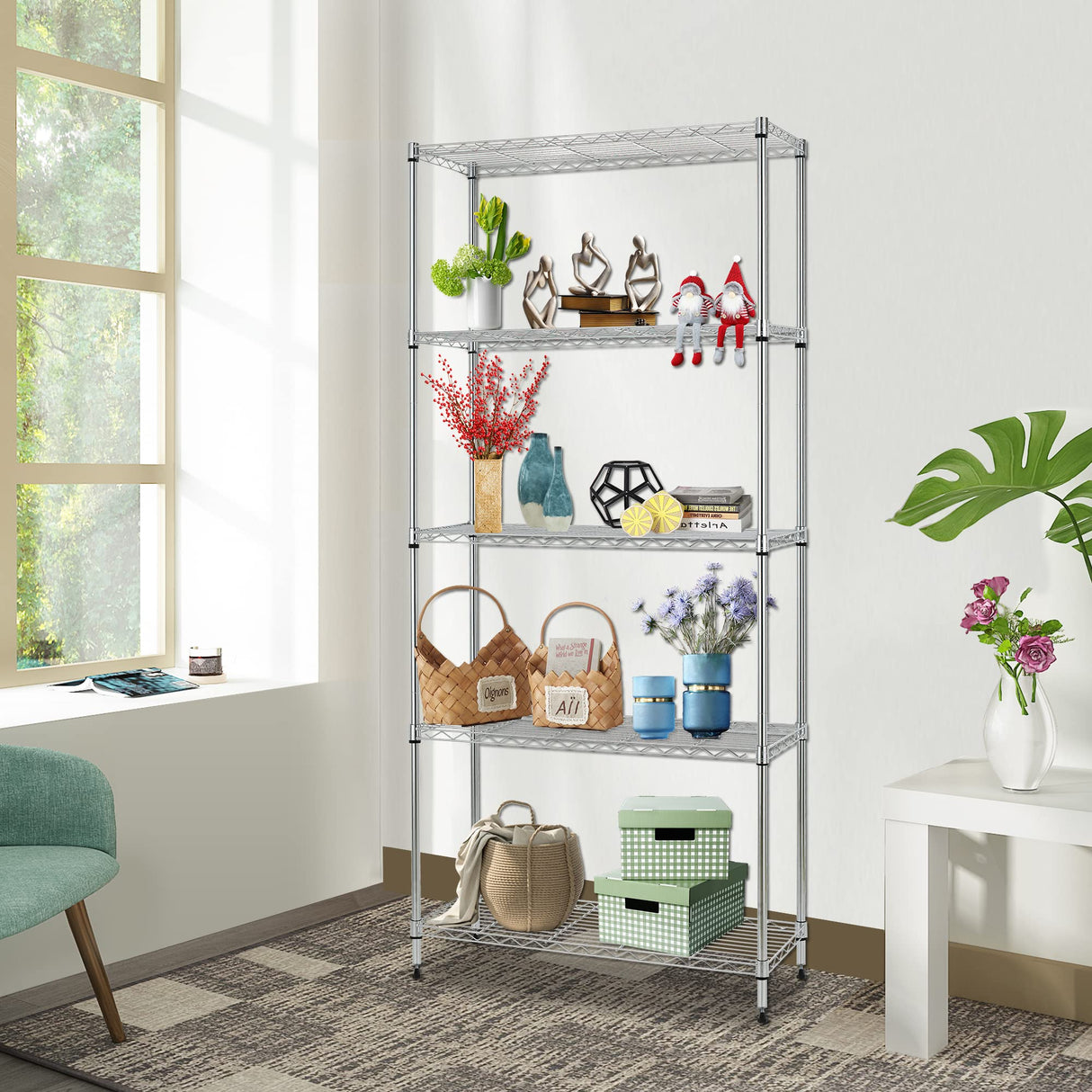 FDW 24" L×14" W×60" H Wire Shelving Unit Metal Shelf with 5 Tier Layer Rack Strong Steel for Restaurant Garage Pantry Kitchen Garage,Chrome FDW