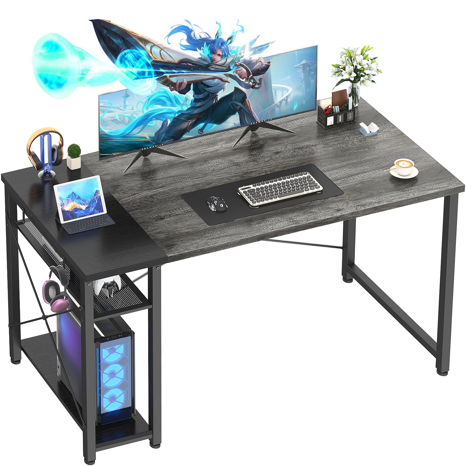 Besiost 47.2'' Gaming Desk, 47 Inches Computer Desk with Storage, Small Desk for Small Space, Simple Study Student Writing Desk, Laptop Table for Home Office, Grey and Black - WoodArtSupply