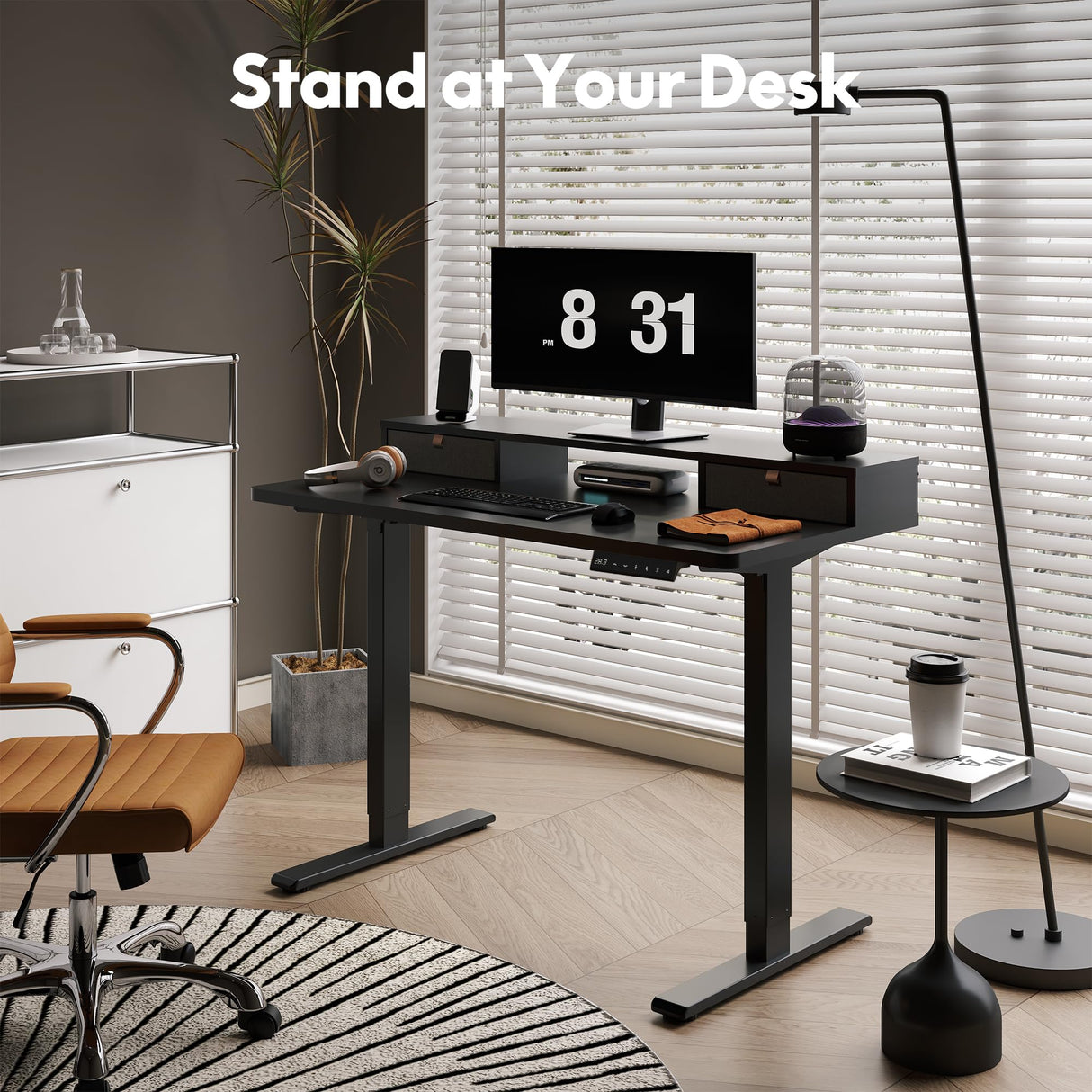 FLEXISPOT Electric Standing Desk with Drawer, Solid One-Piece Adjustable Height Desk with Storage Shelf, Ergonomic Monitor Stand for Computer Laptop (Black Frame/Black Top, 55 inch) FLEXISPOT