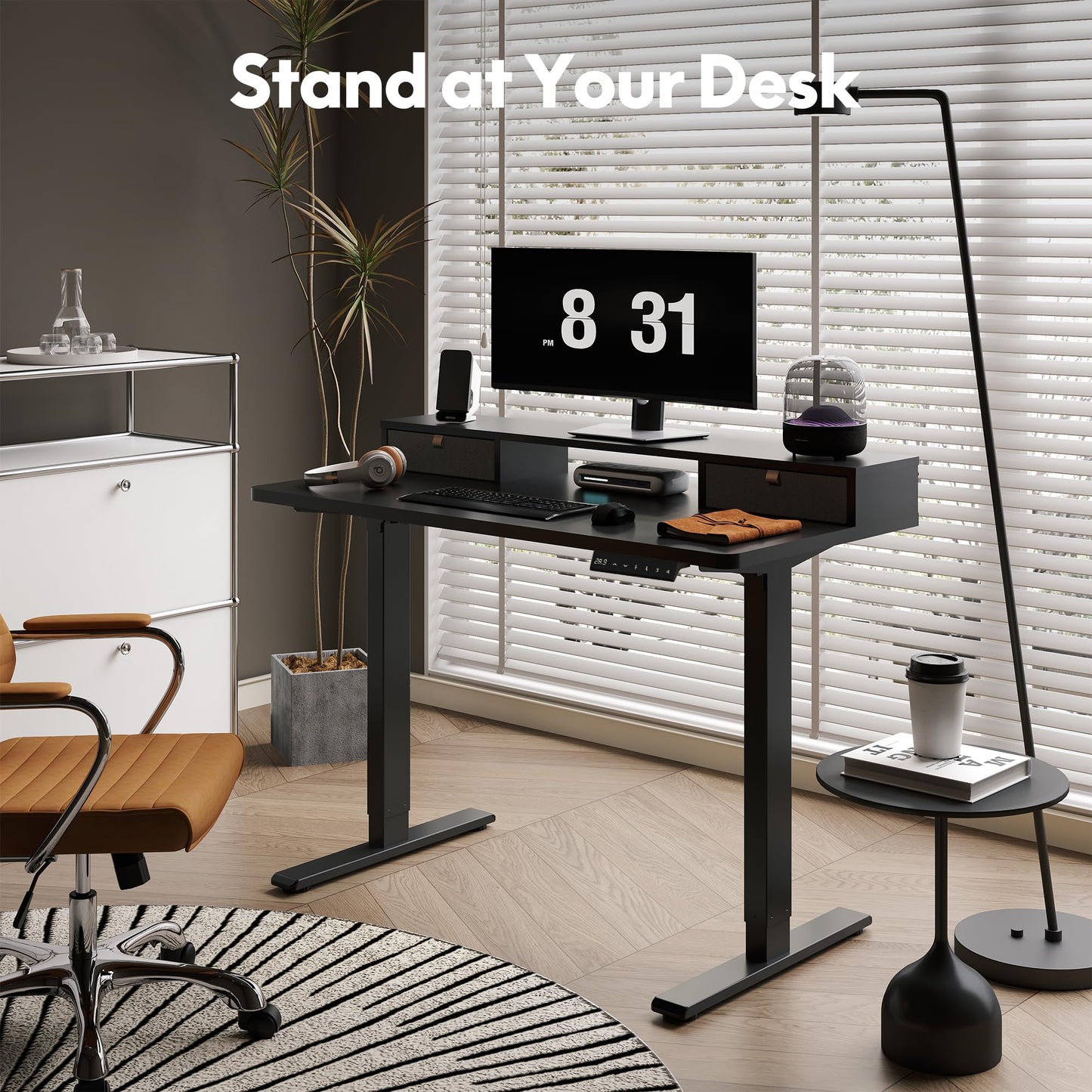 FLEXISPOT Electric Standing Desk with Drawer, Solid One-Piece Adjustable Height Desk with Storage Shelf, Ergonomic Monitor Stand for Computer Laptop (Black Frame/Black Top, 55 inch) - WoodArtSupply