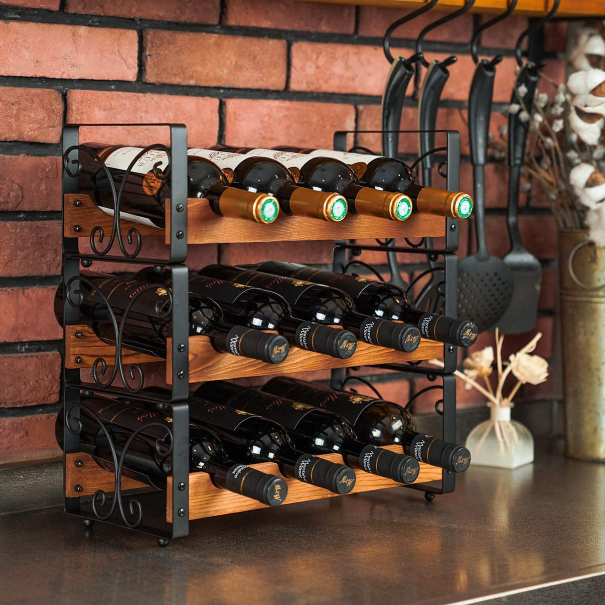 X-cosrack Rustic 3 Tier Stackable Wine Rack Freestanding 12 Bottles Organizer Holder Stand Countertop Liquor Storage Shelf Solid Wood & Iron 17" L x 7.2" W x 16.5" H-Patent Design X-cosrack