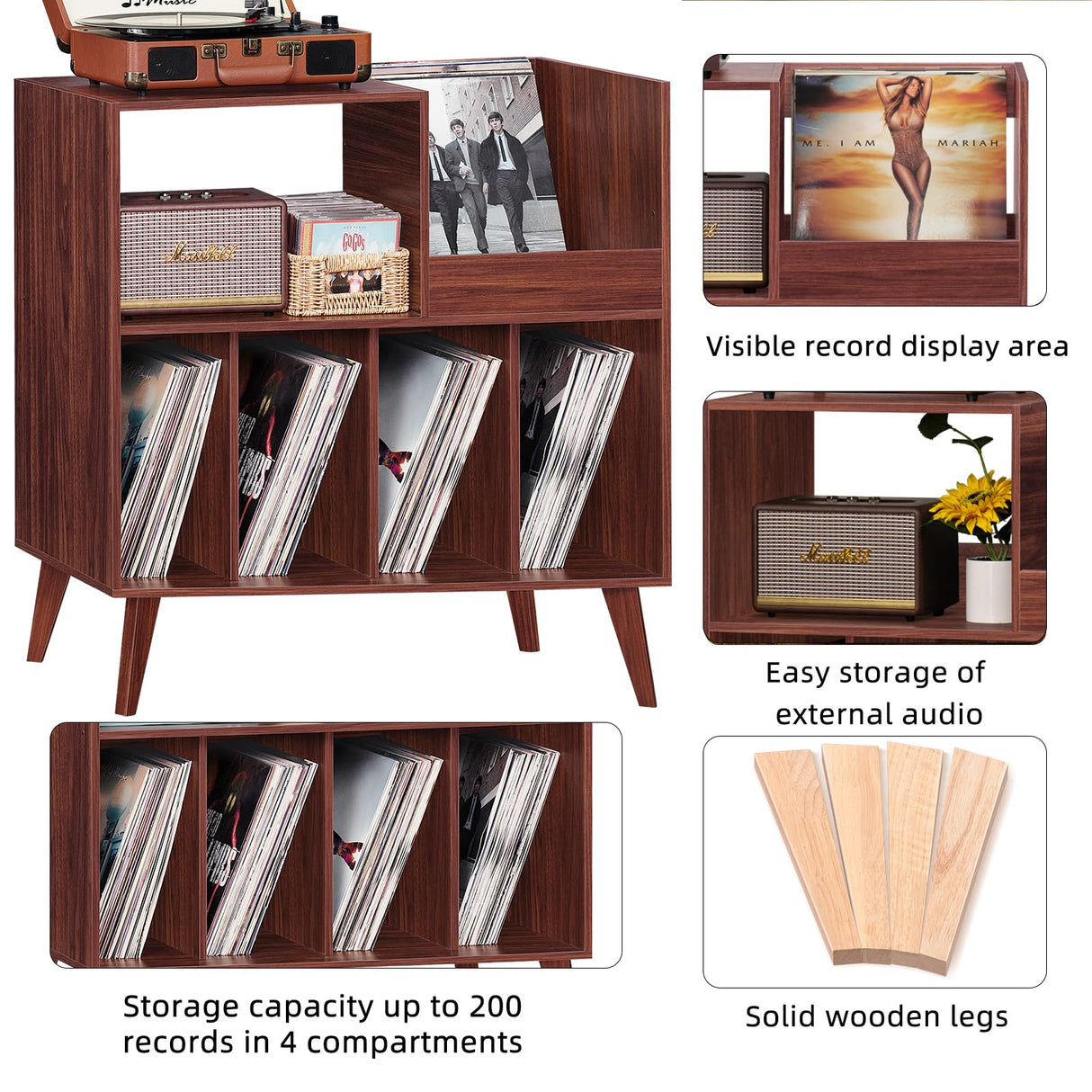 LELELINKY Large Record Player Stand, Turntable Stand with Storage, Vinyl Record Holder with Display Area, Record Player Table Holds Up to 300 Albums, Record Stand for Music Room Living Room-Walnut LELELINKY