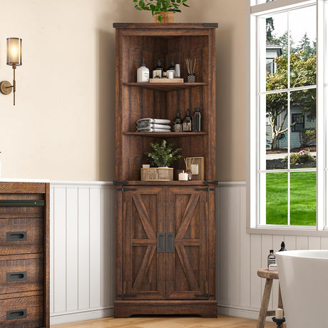 LUXOAK Farmhouse 68" Tall Corner Cabinet, Bathroom Corner Cabinet with Barn Door & Adjustable Shelf, Storage Cabinet for Living Room, Bathroom, Kitchen, Office, Anti-Tipping, Reclaimed Barnwood, Brown LUXOAK