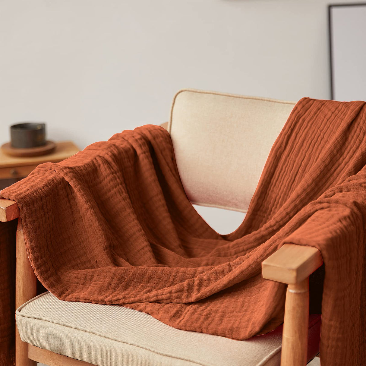 Simple&Opulence Cotton Muslin Throw Blanket for Bed, Couch, Knit Woven Gauze Blanket with Tassels, Soft Lightweight Cozy Pre-Washed Breathable Farmhouse Decoration for All-Season (Rust Orange) Simple&Opulence