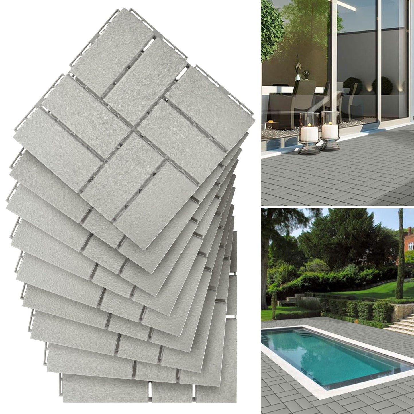 ohlela 9 Pack Heavy-Duty Plastic Interlocking Deck Tiles - 12"x12" Waterproof & Durable Interlocking Floor Tiles. Patio Floor Tiles for Balcony Flooring, Porch & Poolside Outdoor Flooring (Light Gray)