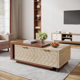 Tribesigns Extendable Coffee Table with 2 Storage Drawers, Dual-Tone Center Table with Sliding Tabletop, Multi-Functional Hidden Storage Wooden Rectangle Cocktail Table for Living Room (Walnut & Oak) Tribesigns