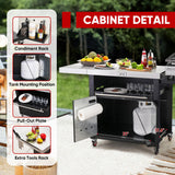 Grill Table,Outdoor Kitchen with Cabinet Outdoor Grill Table with 2 Foldable Side Tables Stainless Steel Top for Outdoor Kitchen Cabinets, Bar Cart, Movable Grill Cart with Pull-Out Plate, L74”x W24” Feasto