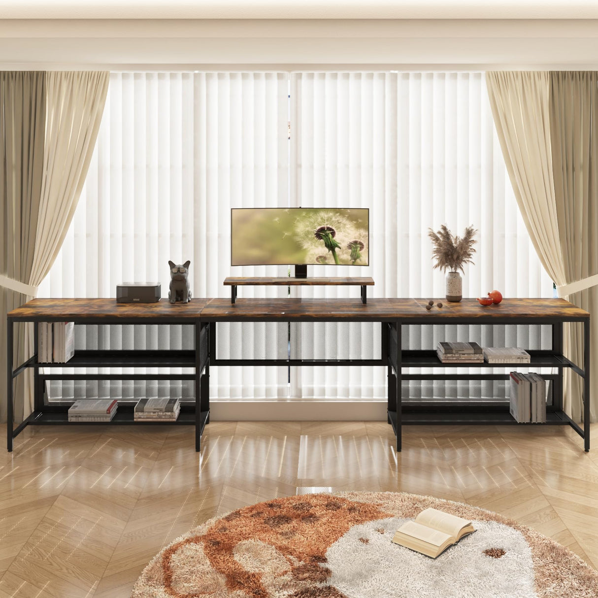 U Shaped Desk with Power Outlets & LED Lights, 82" L Shaped Computer Gaming Desk with Shelves, Corner Desk Office Desk with Monitor Stand & Storage Shelves Large Home Office Desk, Rustic Brown HD BUILT