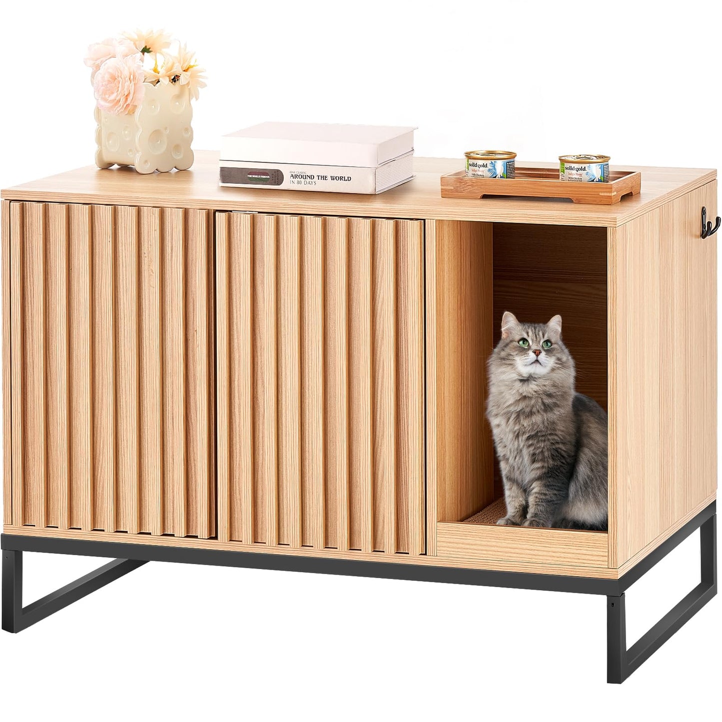 VEVOR Cat Litter Box Enclosure, Hidden Litter Box Furniture, Wooden Cat Washroom Indoor with 2 Doors & Study Metal Legs, Cat House Cabinet Hidden Fit Most of Litter Box, 31.5"L x 20"W x 22"H, - WoodArtSupply