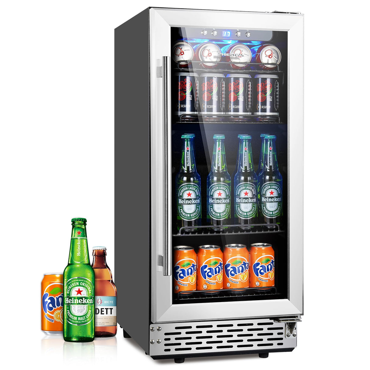 Beverage Refrigerator, Phiestina15 Inch 96 Cans Beverage Cooler Small Wine Fridge Built-in or Freestanding with Auto Defrost,Glass Door & Removable Shelves for Drink Sodas Beer Wine Phiestina