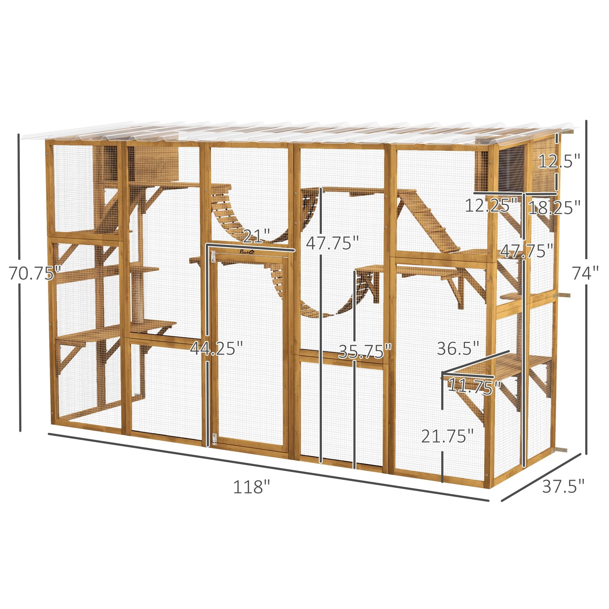 PawHut Catio Playground Cat Window Box Outside Enclosure, Outdoor Cat House with Weather Protection Roof for Multiple Kitties, Wooden Frame, Shelves & Bridges, 118" x 37.5" x 74", Yellow - WoodArtSupply