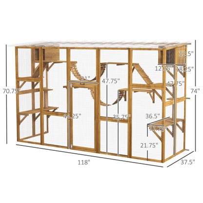 PawHut Catio Playground Cat Window Box Outside Enclosure, Outdoor Cat House with Weather Protection Roof for Multiple Kitties, Wooden Frame, Shelves & Bridges, 118" x 37.5" x 74", Yellow - WoodArtSupply