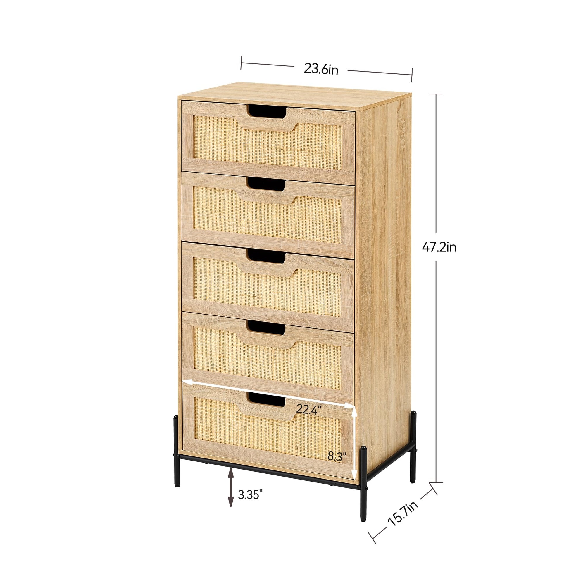 Rattan Tall Dresser for Bedroom, Wooden 5 Drawer Dresser with Ample Cloth Storage Space, Farmhouse Rattan Chest of Drawers, Vertical Metal Leg Dresser for Living Room, Easy Assemble, Oak - WoodArtSupply