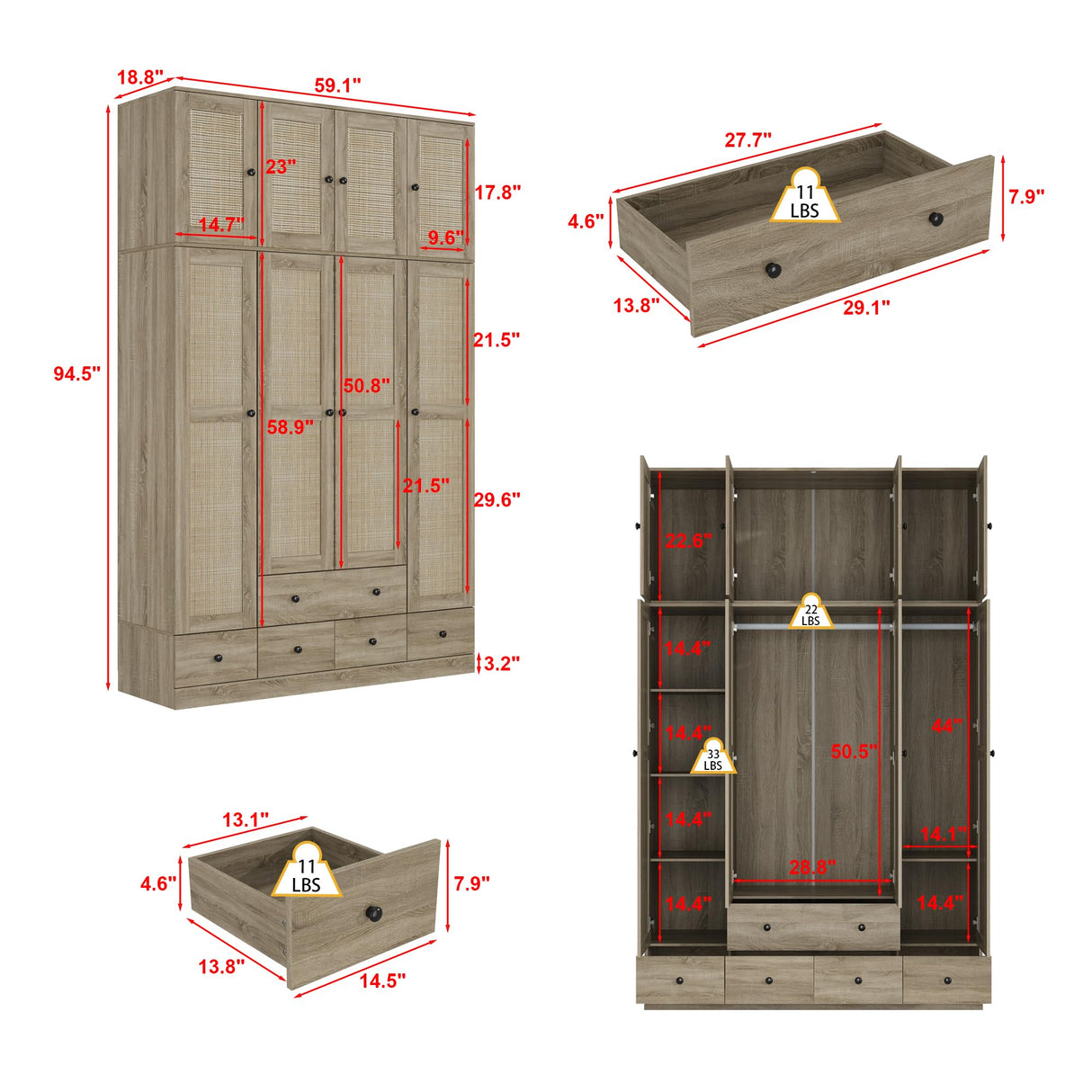 Hitow Ratten Wardrobe Cabinet Armoire Closet, 8 Door Rattan Closet Wardrobe Cabinet with 5 Drawers & Hanging Rod, Storage Wardrobe Armoire Dresser for Bedroom Organizer (18.8" D x 59" W x 70.8" H) Hitow