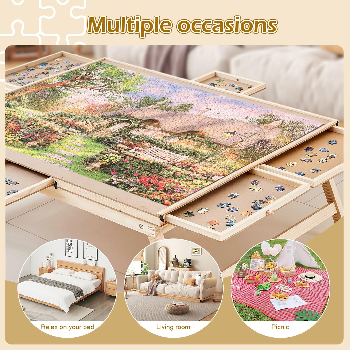 TALGIC Puzzle Table with 6 Drawers and Legs,1500 Pieces Folding Puzzle Board with Cover & Rotating Adjustable Puzzle Table for Adults.