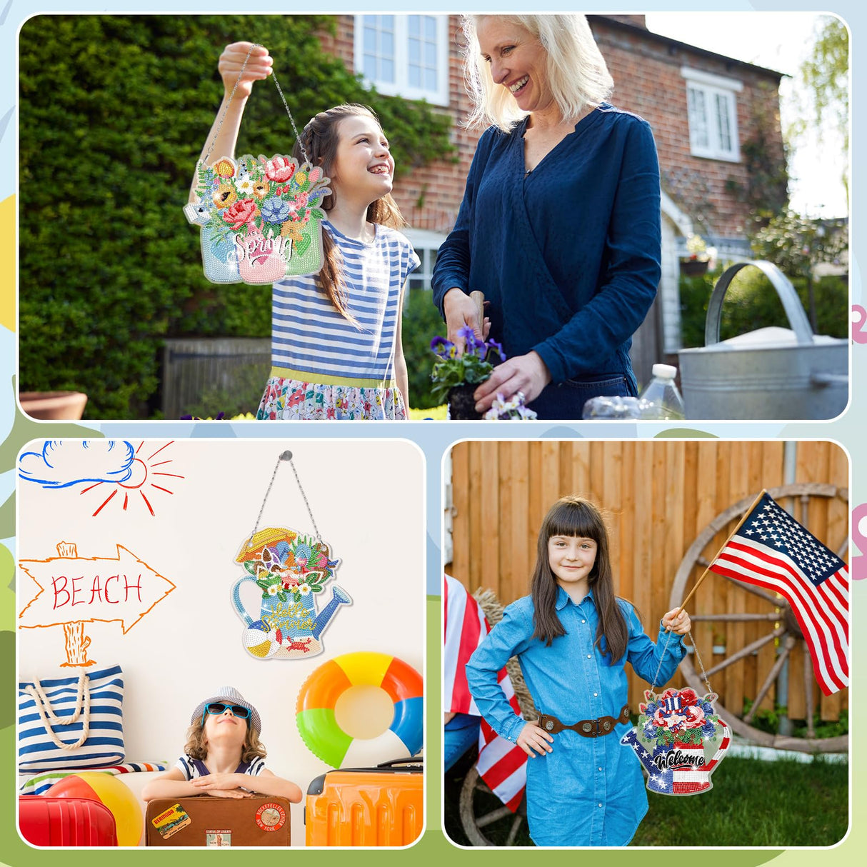 Chitidr 6 Pcs Seasonal Diamond Painting Kits 5d DIY Holiday Flowers Diamond Art Painting Hanging Signs for Spring Ventines Easter St. Patrick's Day Memorial Day Summer Wall Door Window Decor Chitidr